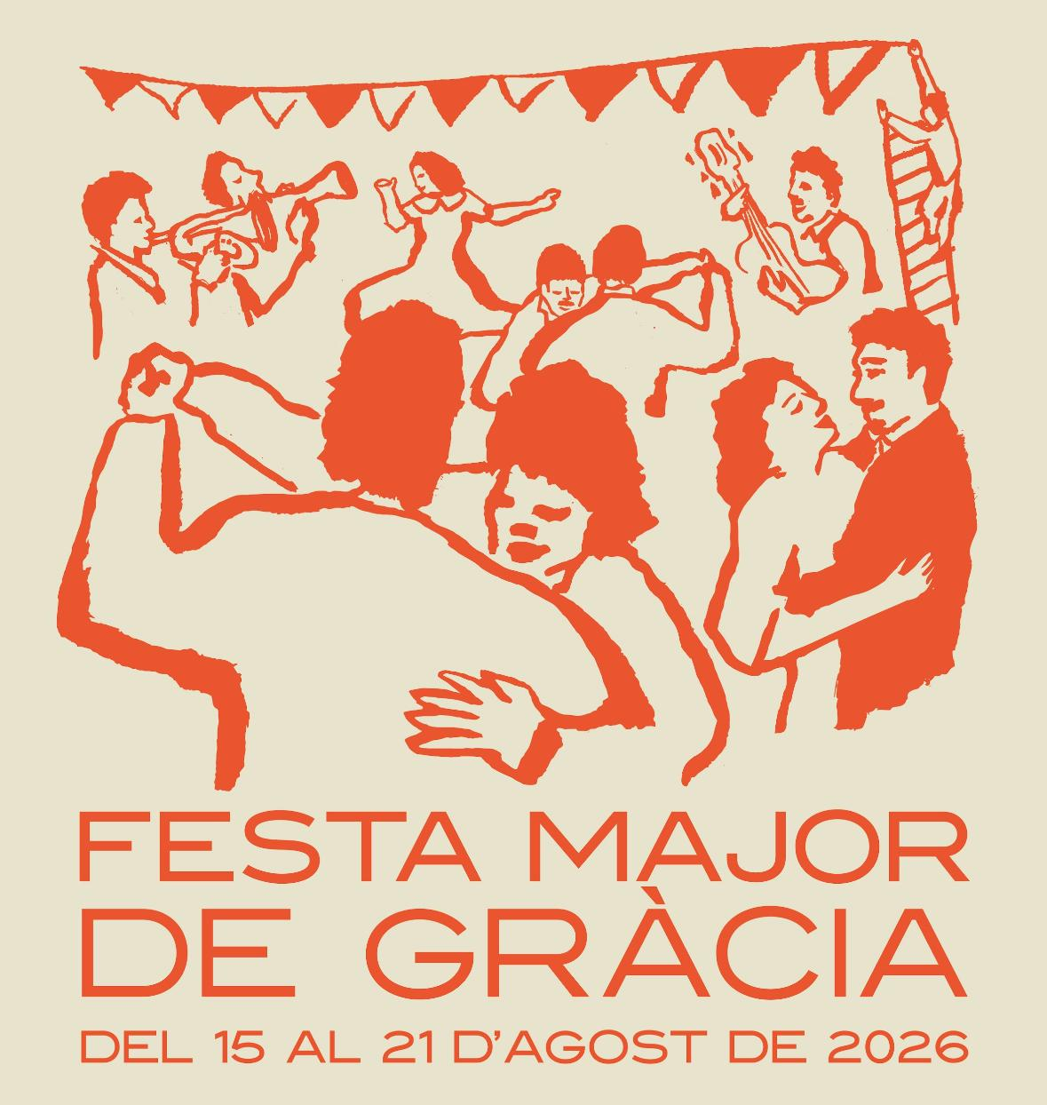 Cartell oficial de la Festa Major de Gràcia 2026, amb figures taronges que ballen, toquen música i celebren al carrer.